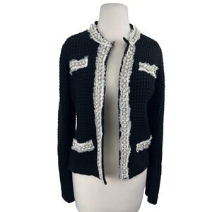 Adore Rhinestone Pearl Cardigan Small Knit Black Chunky Trim Coquette NWT Ruffle